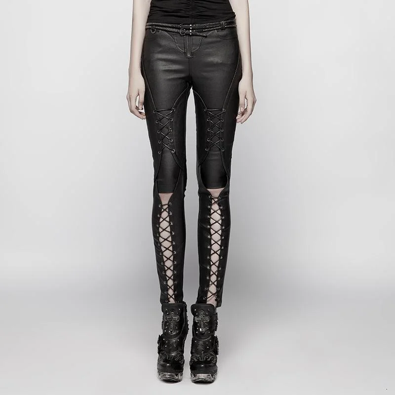 Soft stretch pants for all-day wear ease -Women's Punk Faux Leather Woven Pants