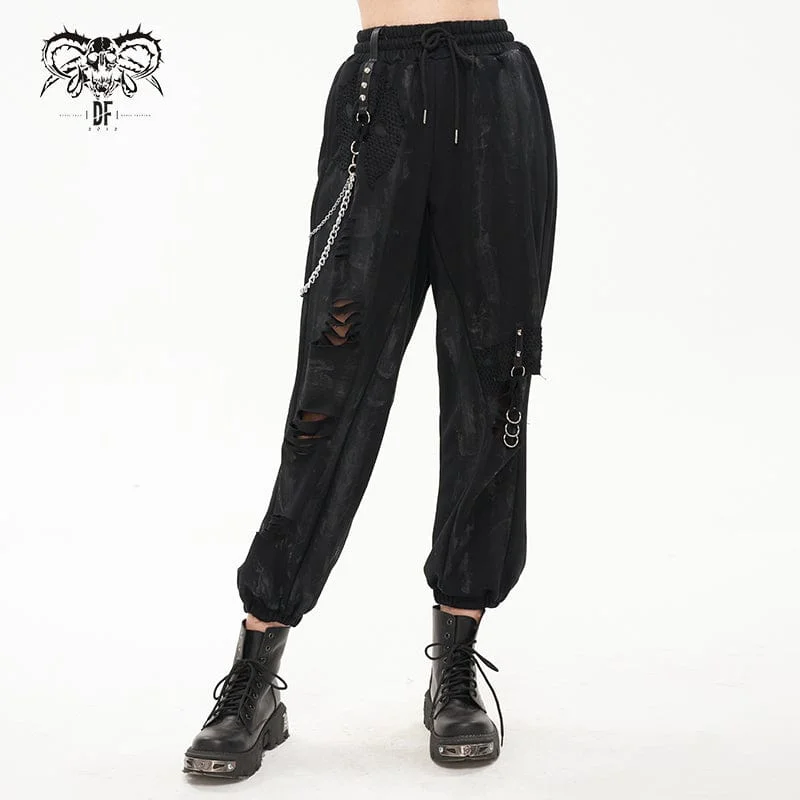 Tactical combat pants for military training use -Women's Punk Ripped Metal Chain Lantern Pants