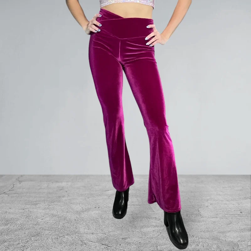 Lightweight jogger pants for summer evening strolls -Crossover V-Waist Bootcut Flare Pants - Wine Velvet