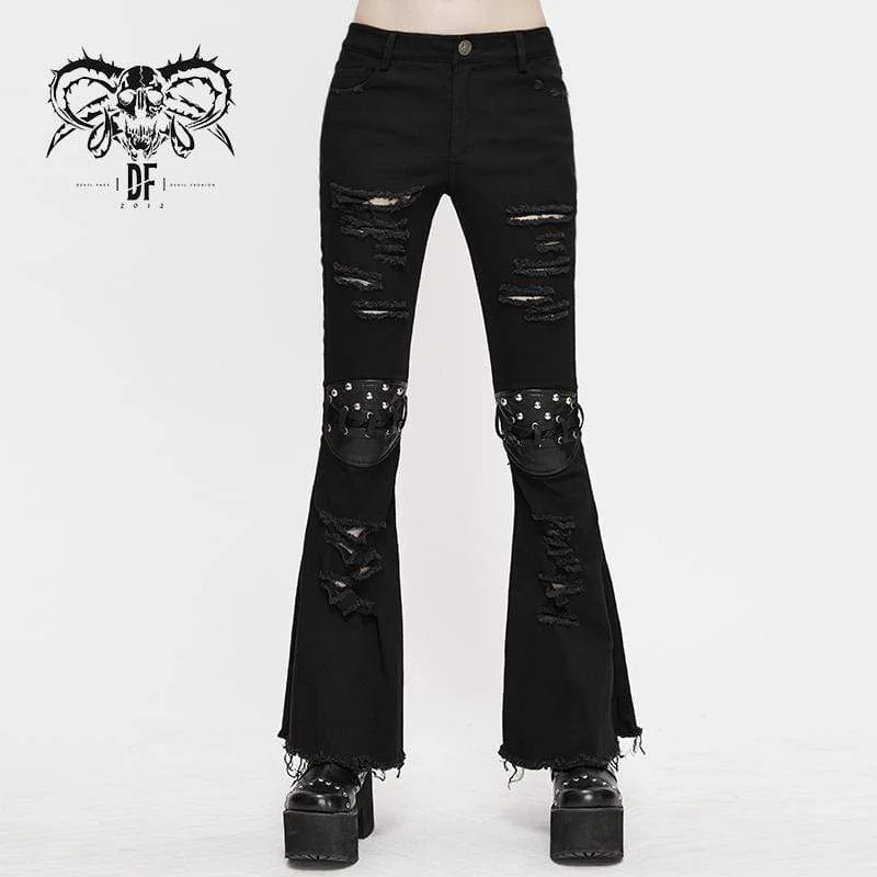 Soft pajama pants for ultimate bedtime comfort -Women's Grunge Strappy Ripped  Flare Pants With Rivets