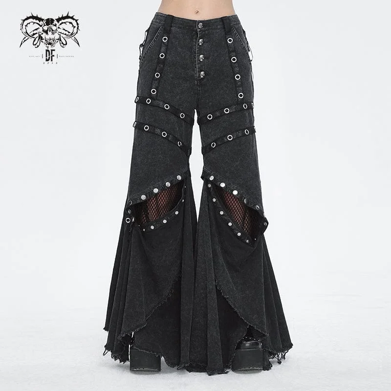 Relaxed chino pants for casual Friday offices -Women's Punk Mesh Eyelets Ruffled Flared Pants