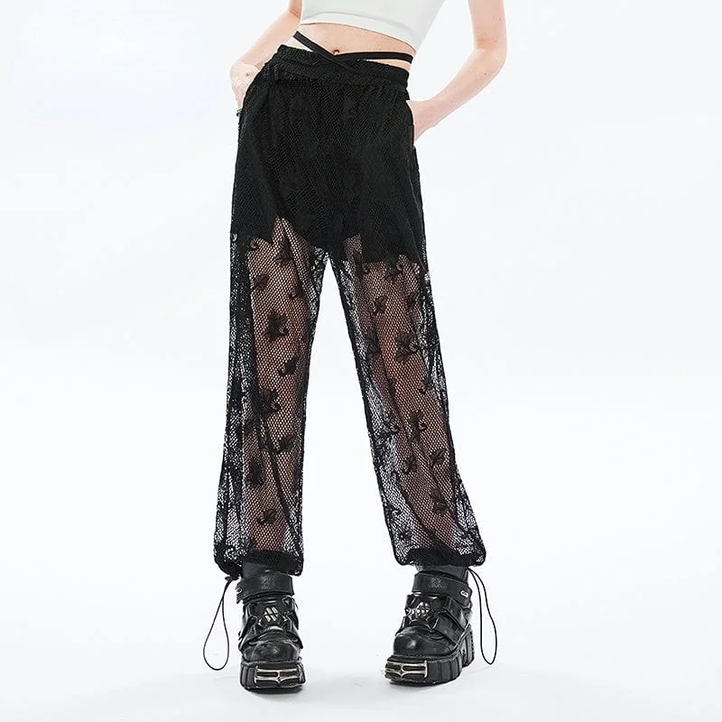 Classic straight-leg pants for versatile daily wear -Women's Punk Mesh Sheer Harem Pants