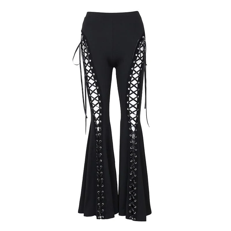 Designer jogger pants for upscale street style -Women's Punk Eyelet Lace-up Flared Pants