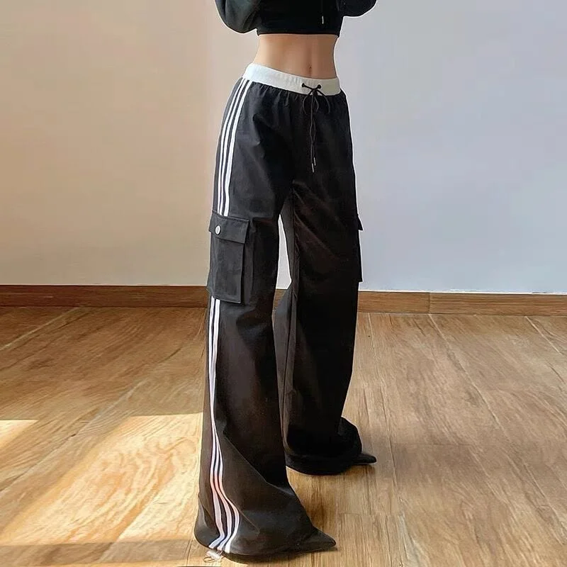 Retro bell-bottom pants for 70s-inspired fashion -Women's Grunge Stripes Drawstring Pants