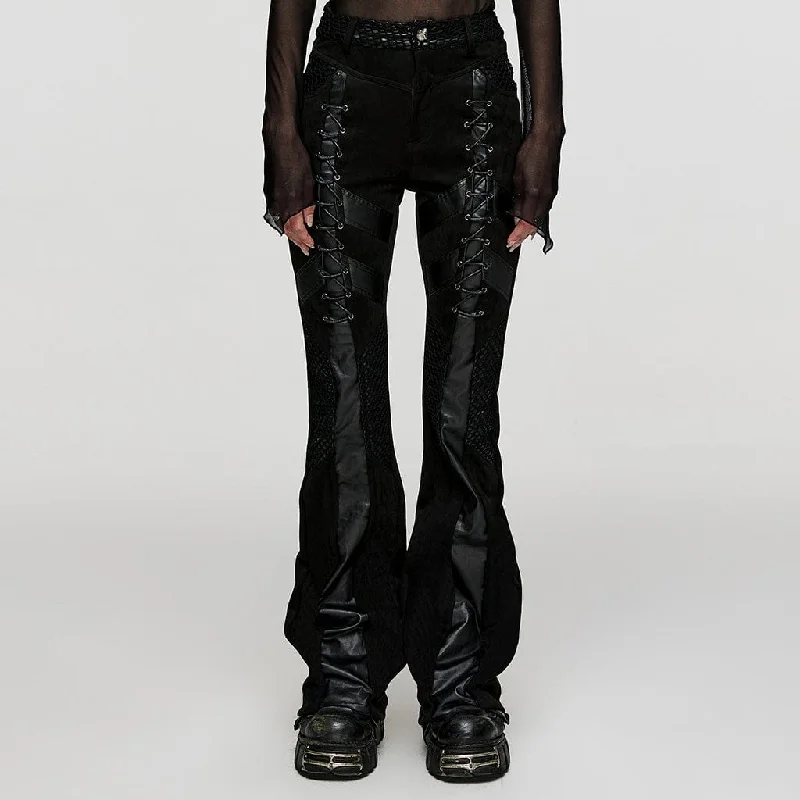 Quick-dry travel pants for adventurous globetrotters -Women's Punk Mesh Splice Faux Leather Flared Pants