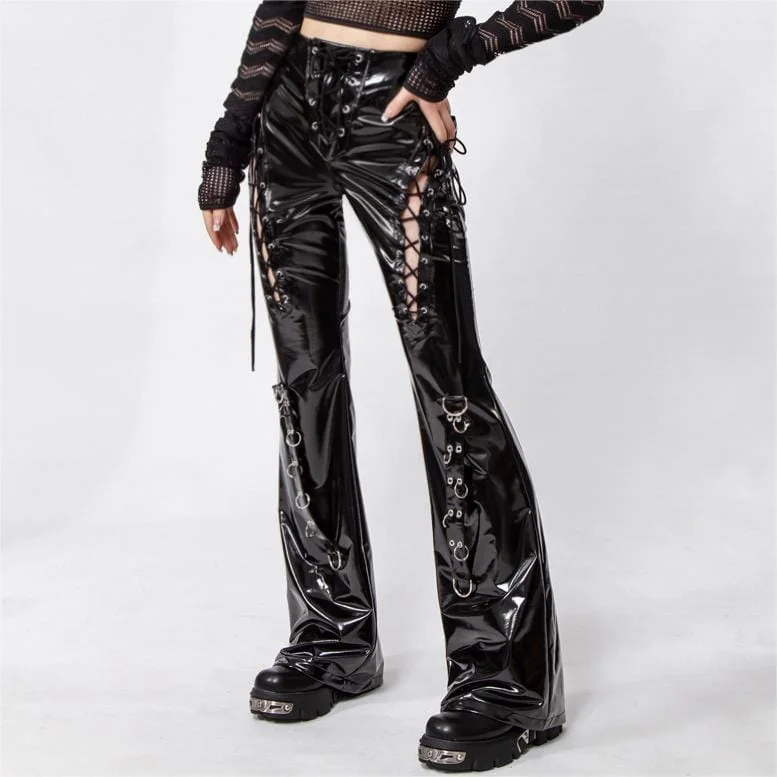 Stretchy skinny pants for figure-hugging appeal -Women's Gothic Lacing-up Flared Faux Leather Pants