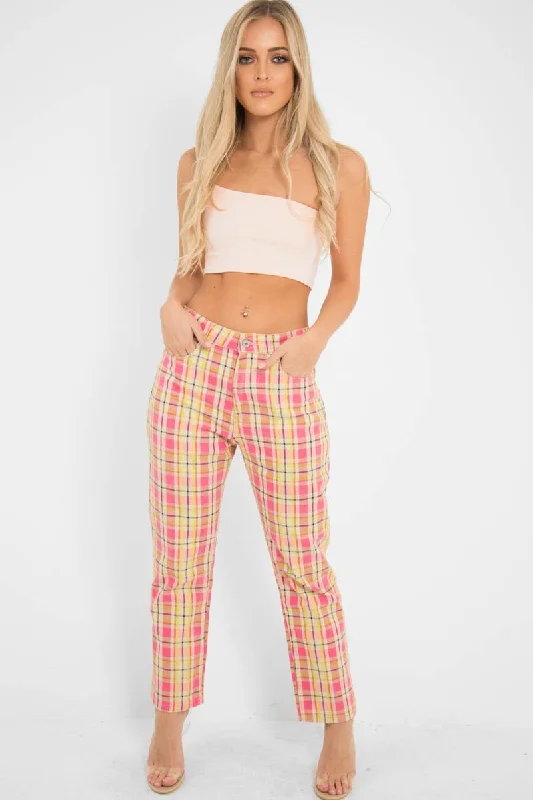 Bootcut Jeans for Flattering -Pink Check High Waist Jeans - Tarryn