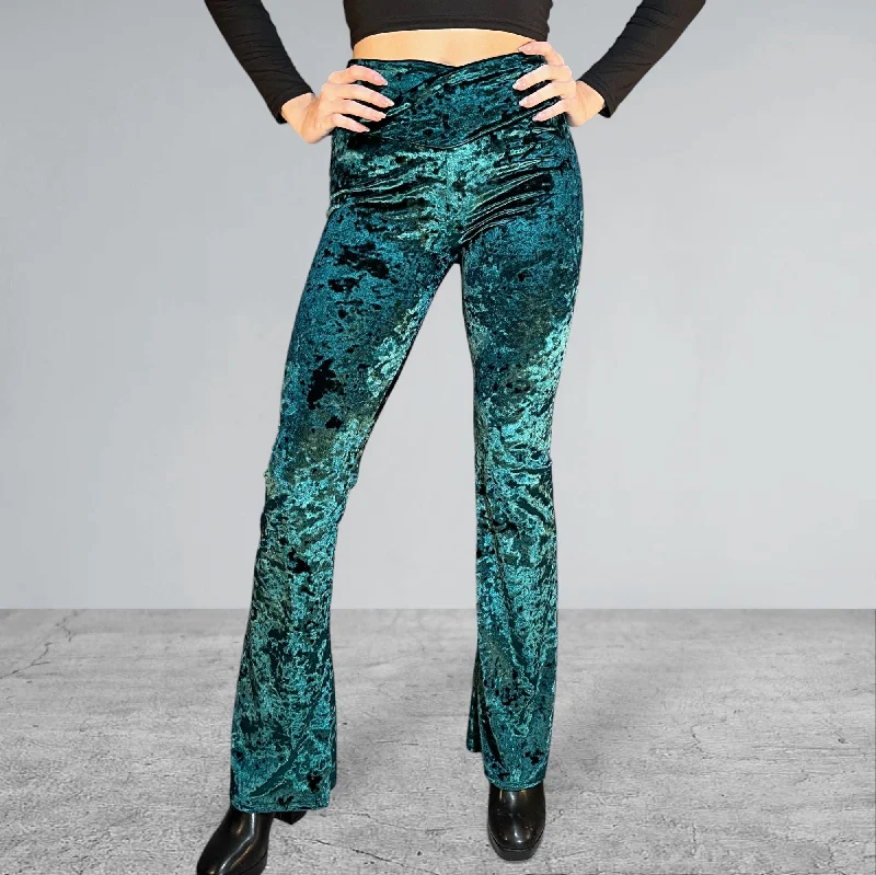 High-waisted skinny pants for trendy women’s fashion -Crossover V-Waist Bootcut Flare Pants - Hunter Green Crushed Velvet