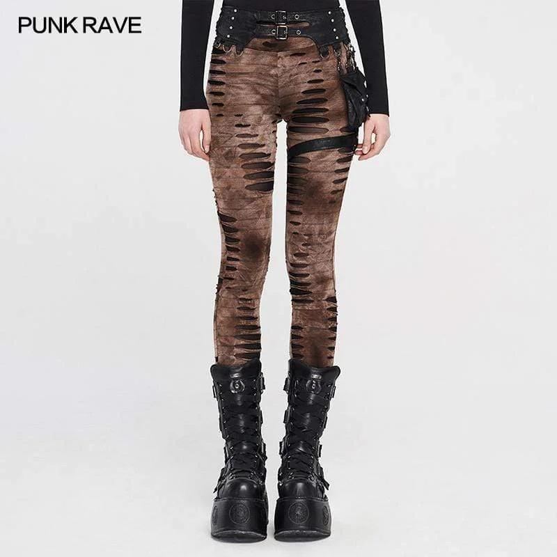 Classic wool pants for cold weather elegance -Women's Punk Ripped Pants With Harness