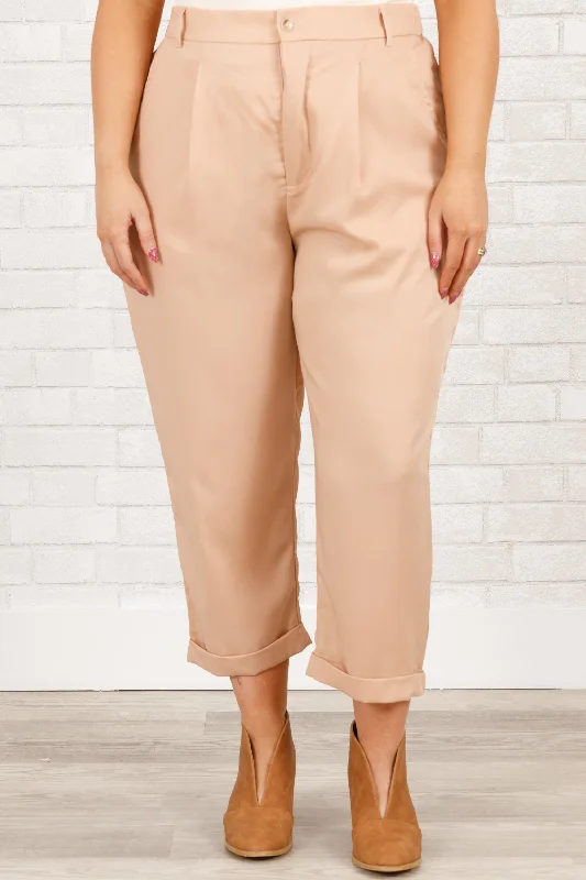 Elegant satin pants for formal dinner attire -It's Strictly Business Pants, Beige