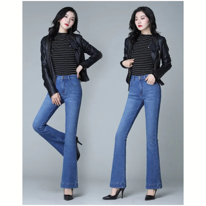 Stylish wide-leg pants for bold evening looks -Women's Winter High Waist Stretch Slim Wide Leg Denim Flared Pants