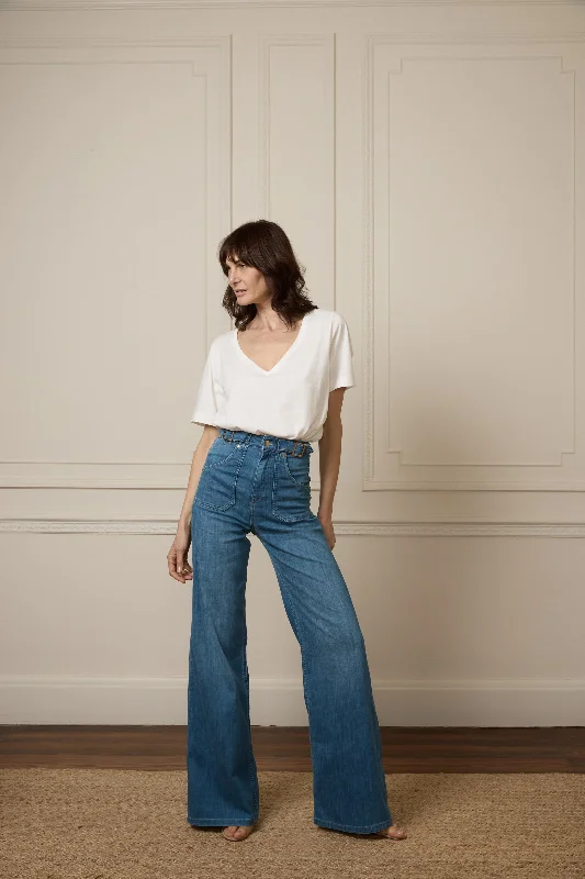 Sustainable Jeans for Eco -Minnie The High Top Full Length Wide Leg Flared Jeans | Lazy Afternoon [Classic Blue]