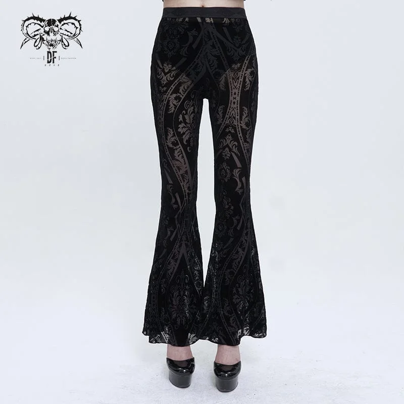 Luxury silk pants for glamorous evening wear -Women's Gothic Totem Printed Sheer Flared Pants