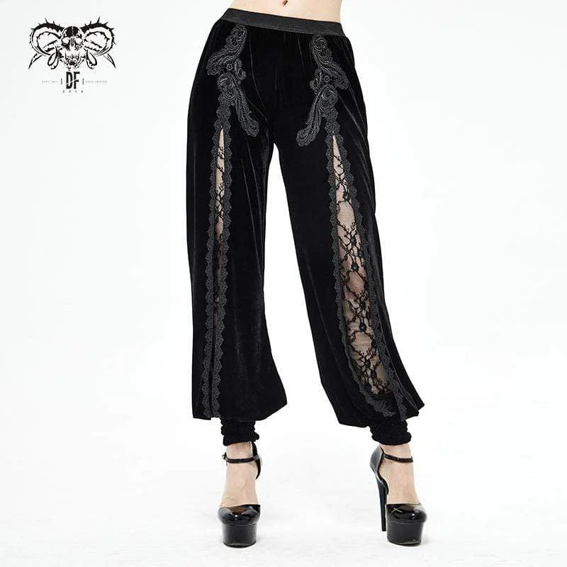 Lightweight travel pants with wrinkle-free fabric -Women's Gothic Floral Embroidered Furcal Black Pants