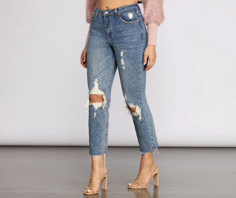 Flowy wide pants for artistic bohemian vibes -High Waist Distressed Denim Pants