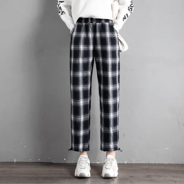 Designer leather pants for high-fashion nightwear -Women's Hip-hop Black&White Plaid Pants