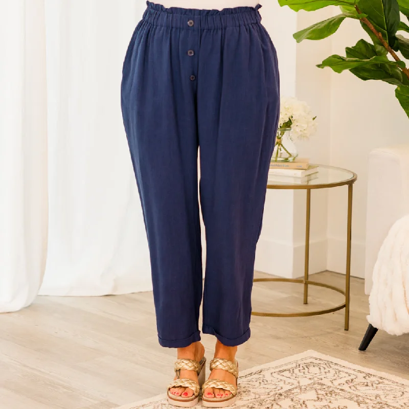 High-rise flare pants for vintage chic appeal -We're Not Done Pants, Navy