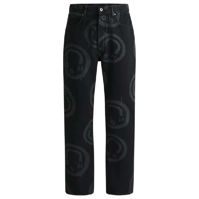 Skinny Jeans for Slim Fit -Black baggy-fit jeans with Happy HUGO print