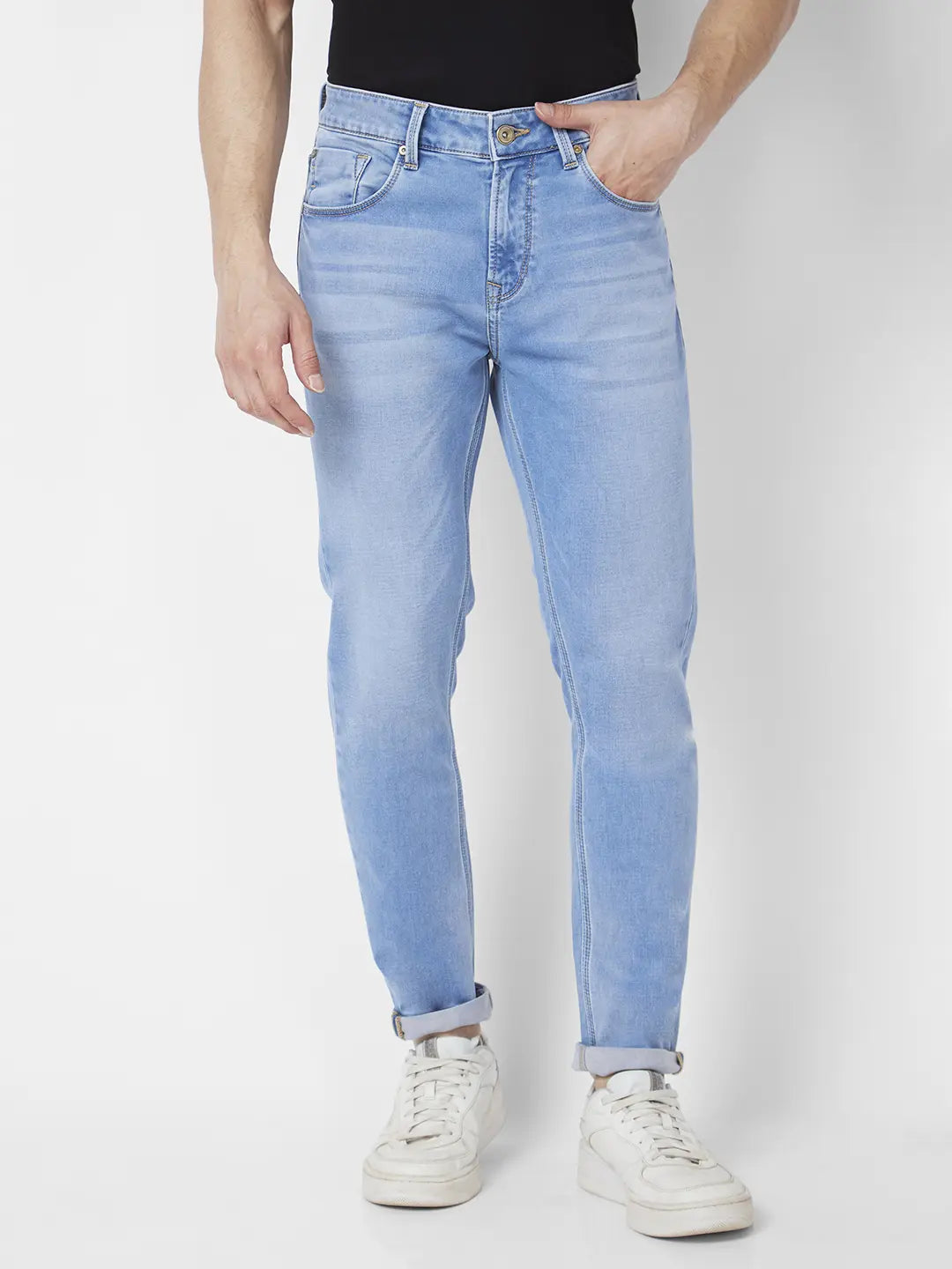 Frayed Hem Jeans for Edgy -Spykar Men Light Blue Cotton Stretch Super Slim Fit Tapered Length Clean Look Low Rise Jeans (Super Skinny)