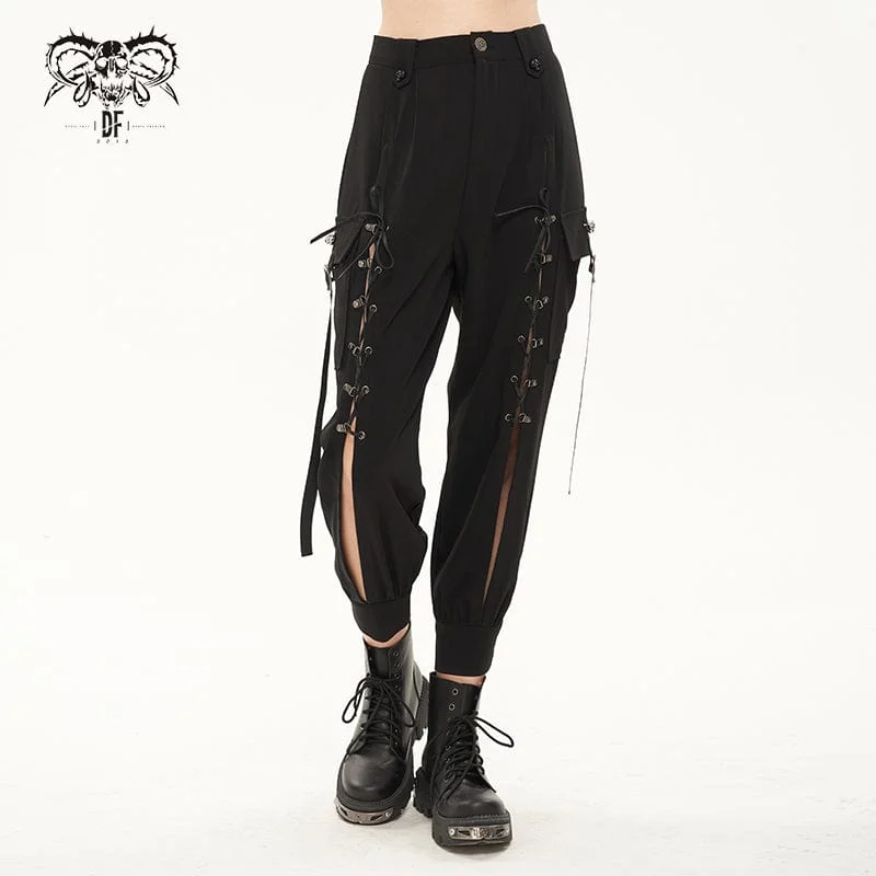 Stretch twill pants for flexible office comfort -Women's Punk Strappy Big-pocket Jogger Pants