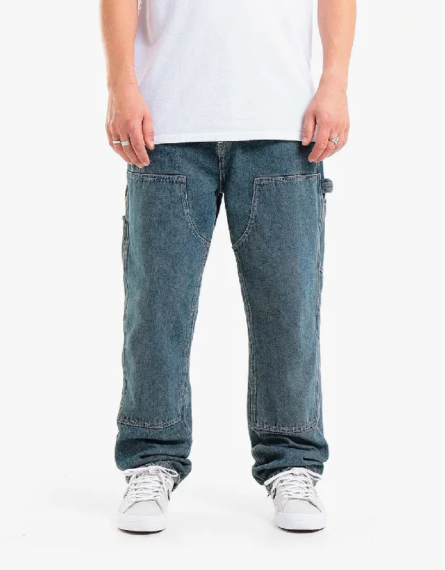 Vintage denim pants for timeless rugged style -Route One Double Knee Denim Pants - Light Wash