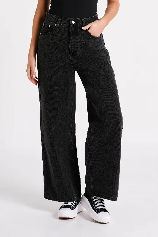 Cropped Jeans for Summer Look -Raven Oversized Low Rise Baggy Jeans - Washed Black