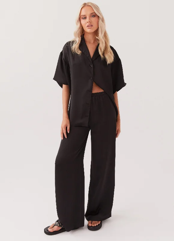 Soft pajama pants for ultimate bedtime comfort -Palm Cove Satin Pants - Black