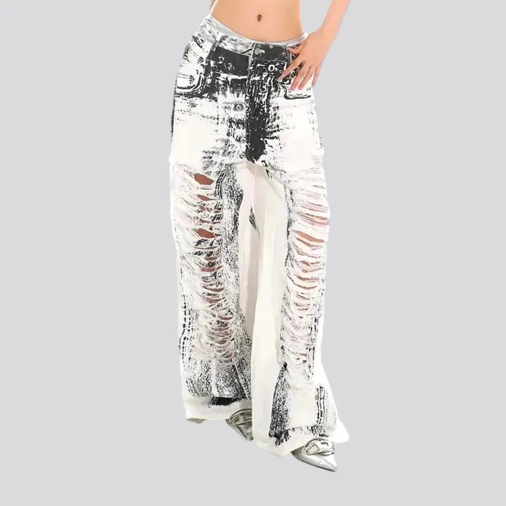 Gray Jeans for Neutral Tone -Boho distressed painted baggy jeans for women