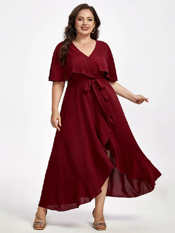 Plus size dresses with fit-and-flare shapes flatter -Plus Shawl Collar Ruffle Sleeve Wrap Maxi Dress