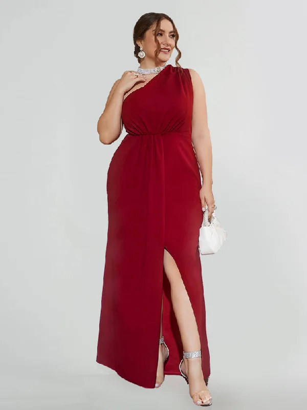 Plus size dresses with sleek designs suit all -One Shoulder Split Thigh Bridesmaid Dresses