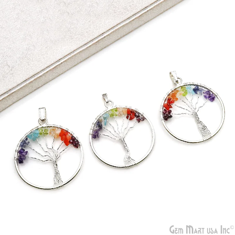 Necklaces and pendants with pearls for a classic and sophisticated touch-7 Chakra Tree Of Life 52x47mm Silver Wire Wrapped Round Shape Pendant