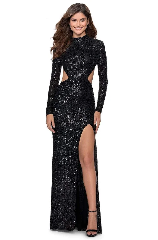 Plus size dresses in soft fabrics feel cozy -La Femme - 28771 Sequined Long Sleeve High Neck Fitted Dress