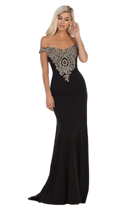 Plus size dresses with elastic waists stretch easily -May Queen - MQ1640 Applique Off-Shoulder Trumpet Dress