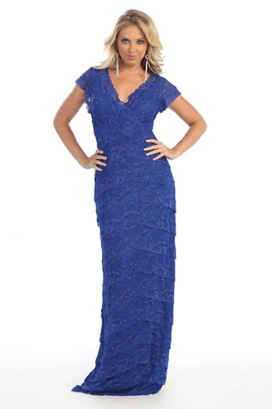 Plus size dresses for office chic stay crisp -May Queen MQ1077 V Neck Lace Column Evening Gown