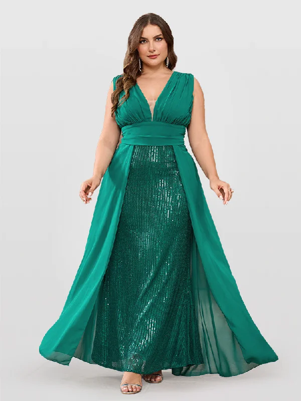 Plus size dresses for office wear stay sharp -Sequin Patchwork Deep V-Neck Bridesmaid Dresses