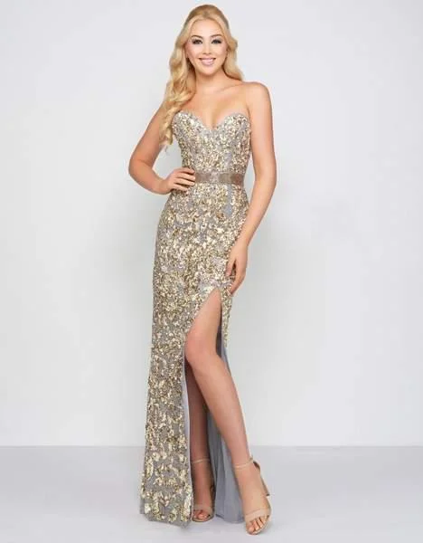 Plus size dresses with sleek necks stay elegant -Mac Duggal - Bedazzled Sheath Dress With Slit and Train 4691D - 1 pc Plg In Size 14 Available