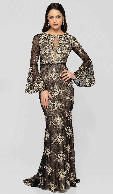 Plus size dresses featuring metallic hues shine soft -Terani Couture - 1913E9257 Lace Long Bell Sleeve Trumpet Dress