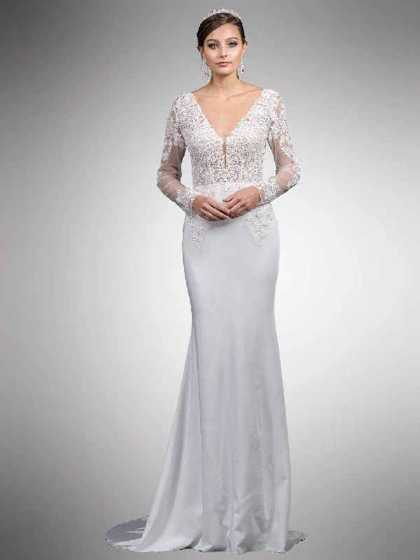 Plus size dresses featuring polka dots feel playful -Dancing Queen Bridal - 52 Beaded Lace Long Sleeve V-neck Sheath Dress