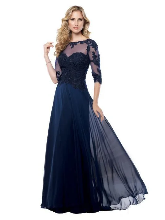 Plus size dresses for parties shine with confidence -Mon Cheri Lace Applique A-line Gown in Navy Blue 115968W