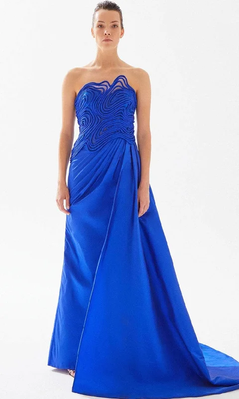 Plus size dresses with tie waists adjust perfectly -Tarik Ediz 98227 - Strapless Soutache Evening Gown