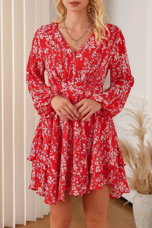 Plus size dresses featuring tiered skirts feel fun -Printed Surplice Balloon Sleeve Layered Dress