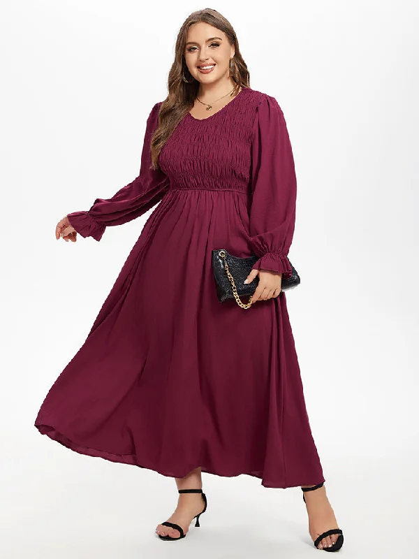 Plus size dresses for travel pack light always -Flounce Sleeve Ruffled Shirred Maxi Dress