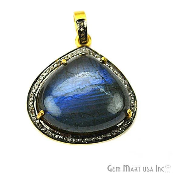 Necklaces and pendants with clear quartz for a pure and radiant look-Labradorite Cabochon with Natural Pave Diamond Setting 26x25mm Gold Vermeil Gemstone Necklace Pendant