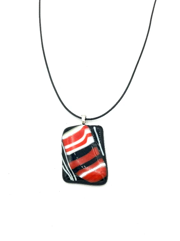 Unique necklaces and pendants with engraved messages for a sentimental gift-Necklace with Fused Glass Pendant, Small Pendant, Black with Red Stripes