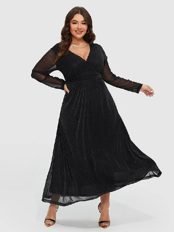 Plus size dresses for festive events shine loud -Contrast Mesh Sleeve Elastic Waist Gillter Dress