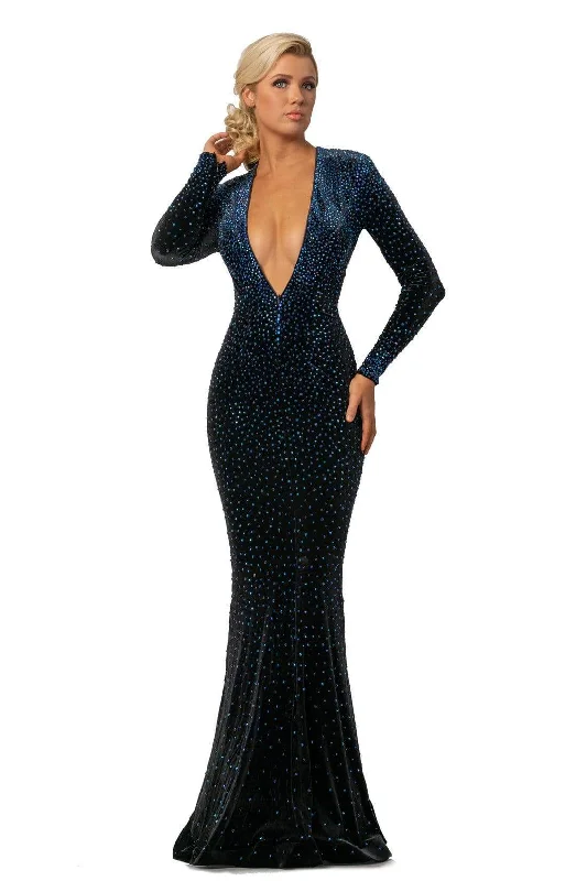 Plus size dresses with shiny threads reflect light -Johnathan Kayne - 2045 Embellished Long Sleeve V-neck Trumpet Dress