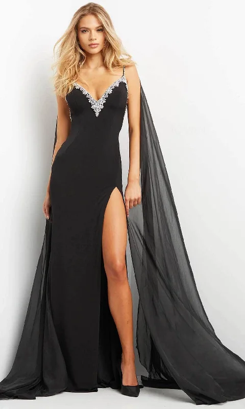 Plus size dresses with high necklines look refined -Jovani 08022 - Sheer Cape Backless Evening Dress