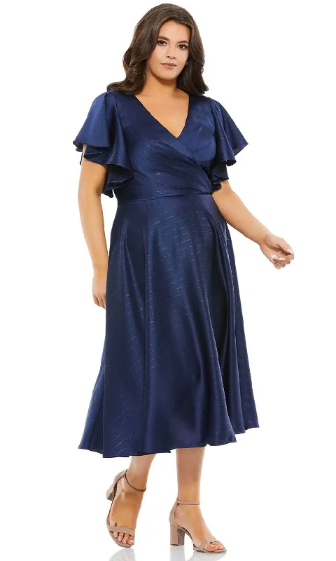 Plus size dresses with lightweight knits feel breezy -Mac Duggal 49500 - Pleated Faux Wrap Tea Length Dress