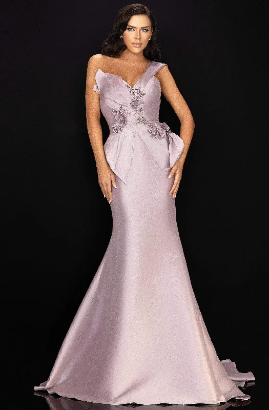 Plus size dresses with unique necklines add flair -Terani Couture - 2011M2160 Beaded Floral Bodice Knot-Ornate Gown