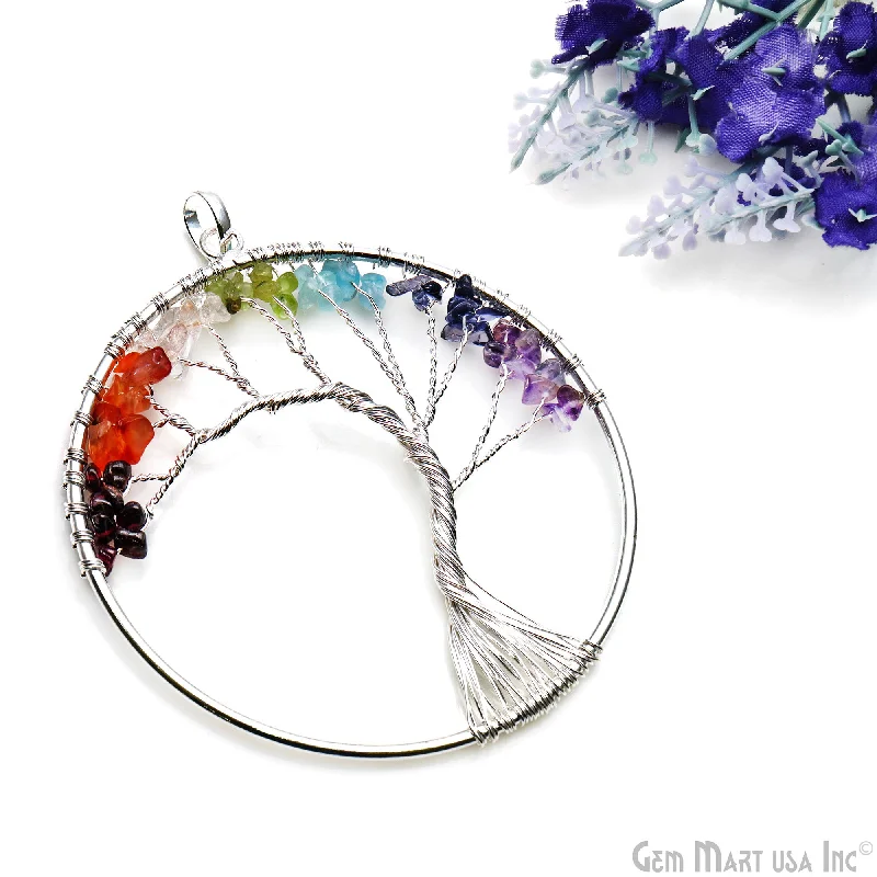 Unique necklaces and pendants with engraved messages for a sentimental gift-7 Chakra Tree Of Life 79x73mm Silver Wire Wrapped Round Shape Pendant